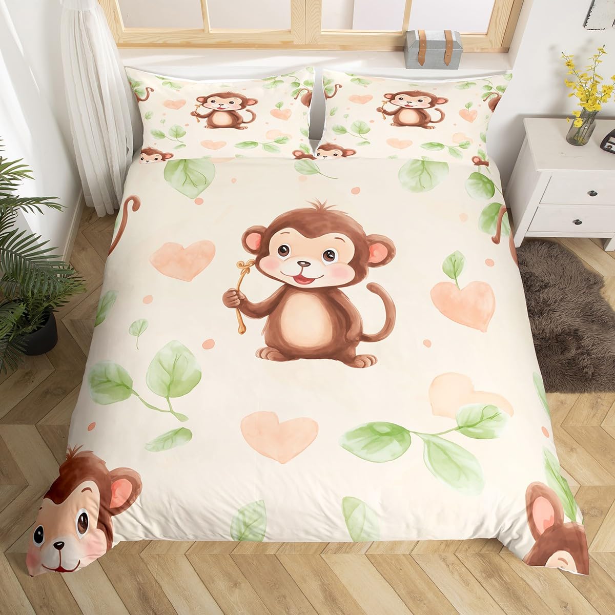 

Cute Monkey Bedding Set Full Twin Cartoon Banana Stars Duvet Cover Tropical Wild Animal Fit Comforter Cover Yellow Quilt Cover (135x200cm)