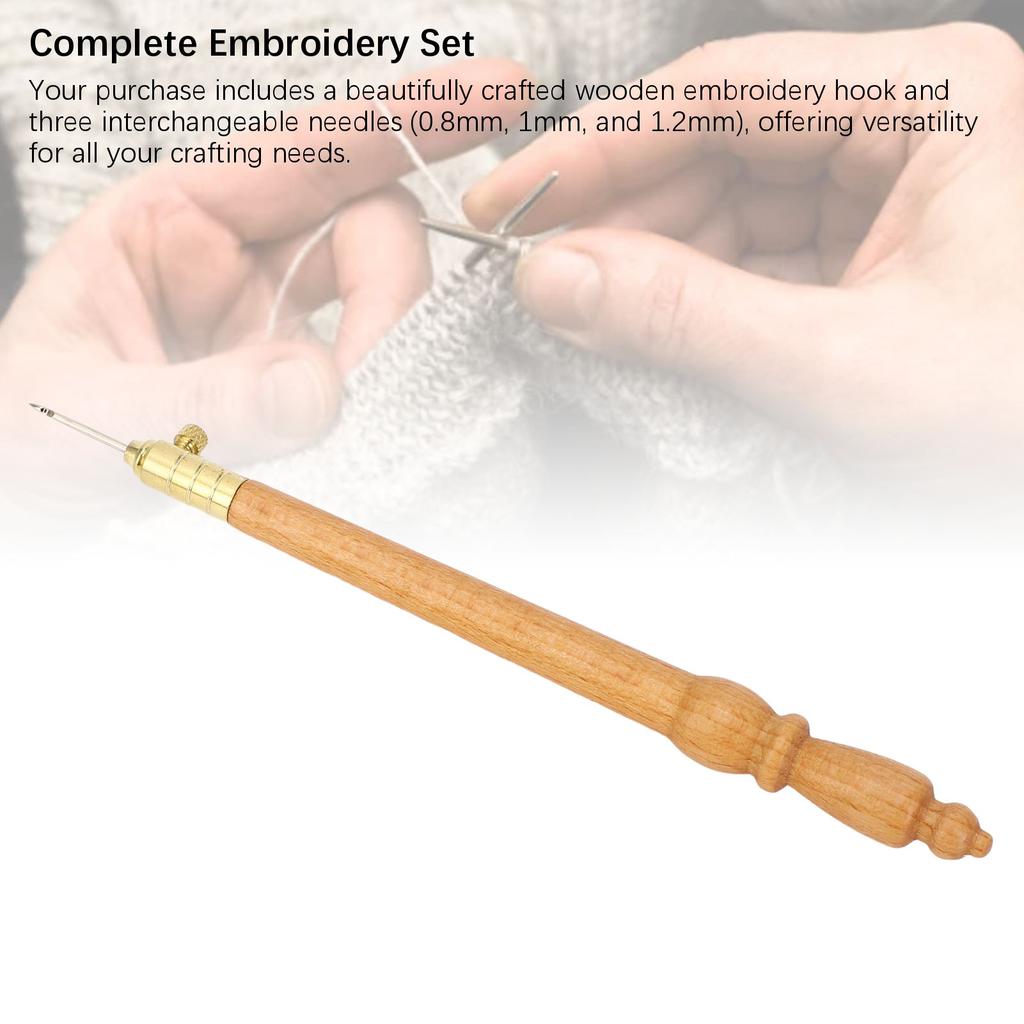 Embroidery Crochet Hook Wooden Non Slip Tambour Hook with 0.8 1 1.2mm Needles for Sewing Beading