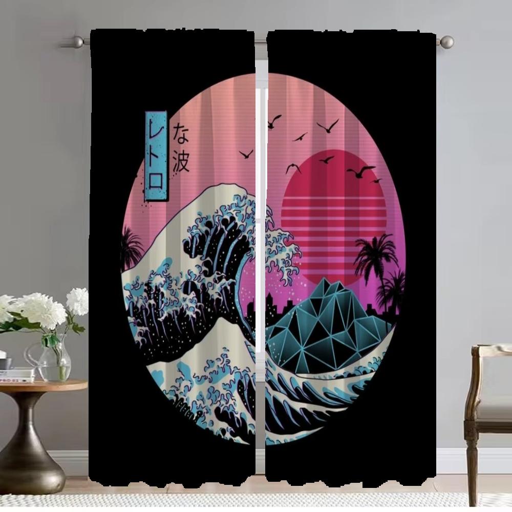 

Кухонные шторы 2 шт. Японские волны для домашнего интерьера Шторы для камеры Затемняющие шторы Хэллоуин украшения Оттенки для комнаты W50xH70cmx2pcs-CL