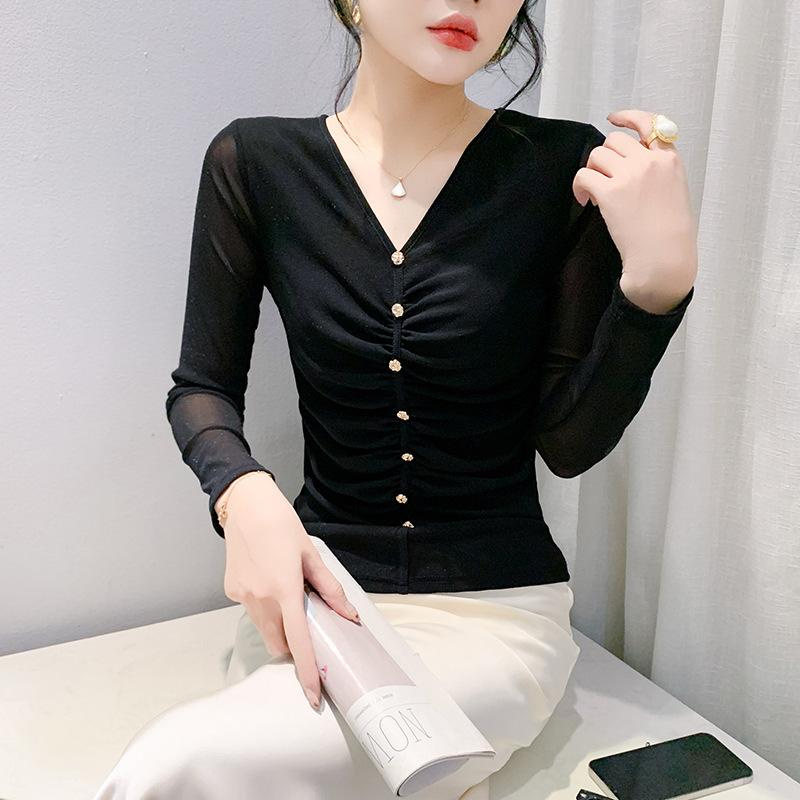 Zimowy seksowny T-shirt z dekoltem w serek damski z długim rękawem top w obcym stylu obcisły wewnątrz z czarną koszulką bazową