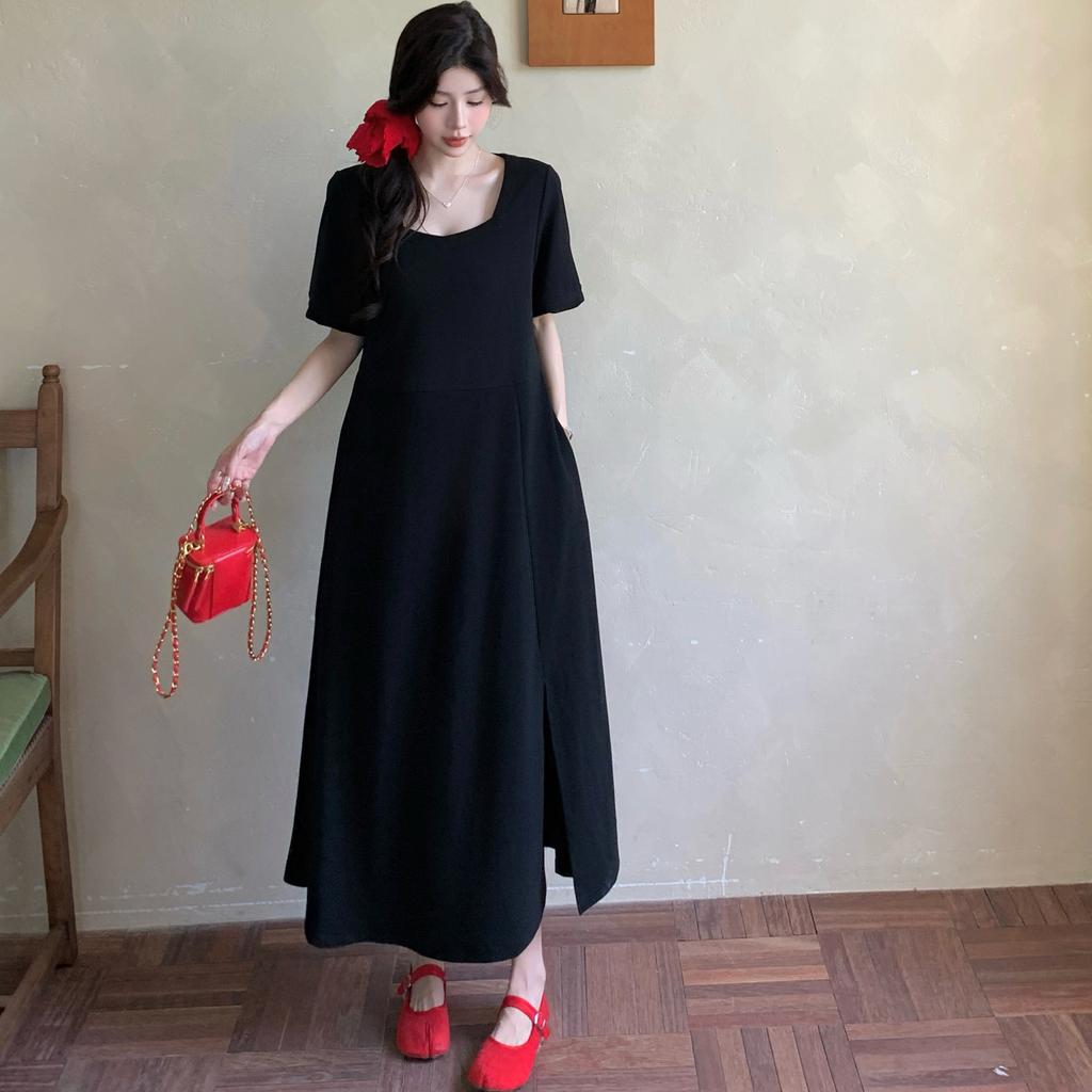 Dimanaf Women 2025 Plus Size Solid Dress Summer Vintage Dress Basic Long Casual Loose Black Dress Maxi