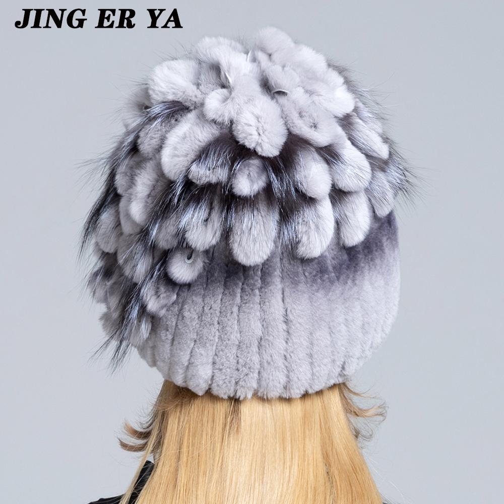 Winter Women's Warm Fashion Beanie Knitted Hat Real Rex Rabbit Fur Hat Knitted with Side Flower Russia Hat