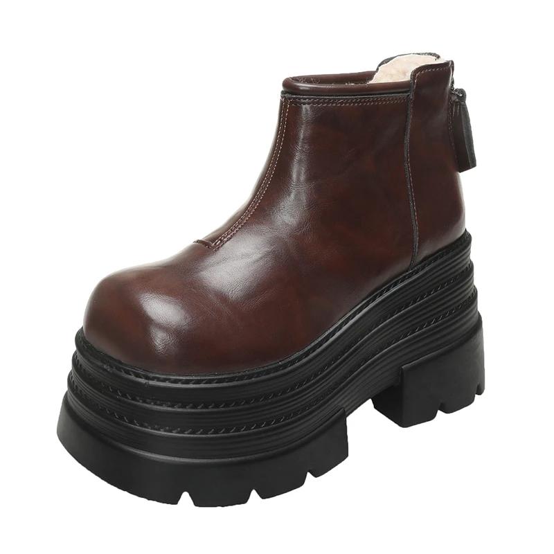 Fashion 10CM New Women Winter Chunky Ankle Snow Boots High Platform Fur Shoes Wedge Heels Plush Warm Short Boots Leather Chelsea Botas