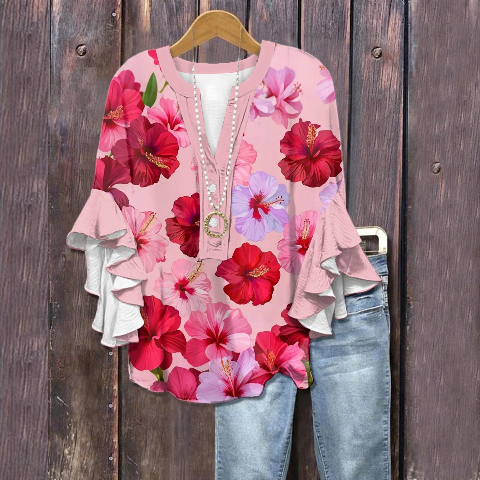 

Летние топы для женщин, симпатичные блузки с V-образным вырезом и рукавом 3/4, повседневные рубашки с цветочным принтом L