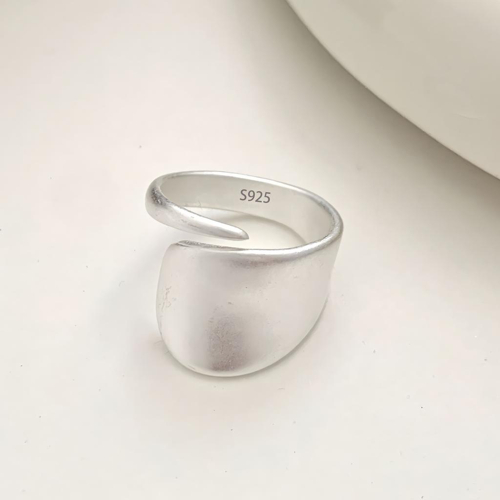PANJBJ 925 Silver Frosting Geometry Ring for Women Wide Texture Versatile Handmade Ins Jewelry Gift