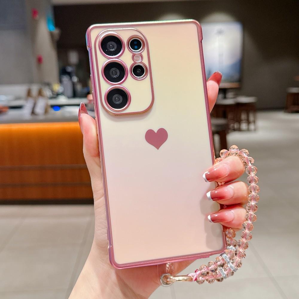 Platerowane Boczna Etui z Sercem Dla Samsung Galaxy S25 S24 S23 S22 S21 Ultra Plus S24 FE S23FE S25 Edge 5G Pokrowiec Z Kryształowym Łańcuszkiem