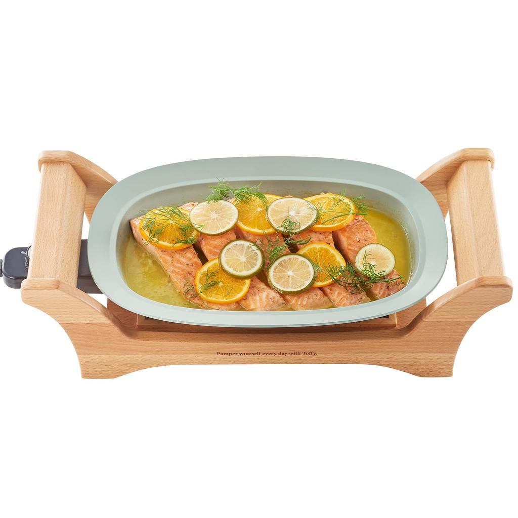 Ovale Grillplatte, Heizung, integrierte Konstruktion, Keramik-Kochplatte, Braten, Echtholz, stilvoll, stilvoll [Toffy] K-GP1 (Blasses Aqua) Backen/Köcheln/Dämpfen/Rühren 230℃