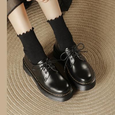 British Style Black Leather Shoes Thick Sole College Style Women's Shoes Lace-up Platform Shoes