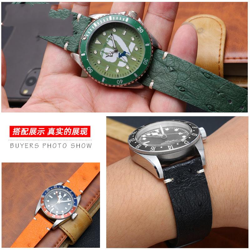 18mm 20mm 22mm Ultra-thin soft handmade ostrich leather black and green for water ghost watch strapsMen's and women's accessori