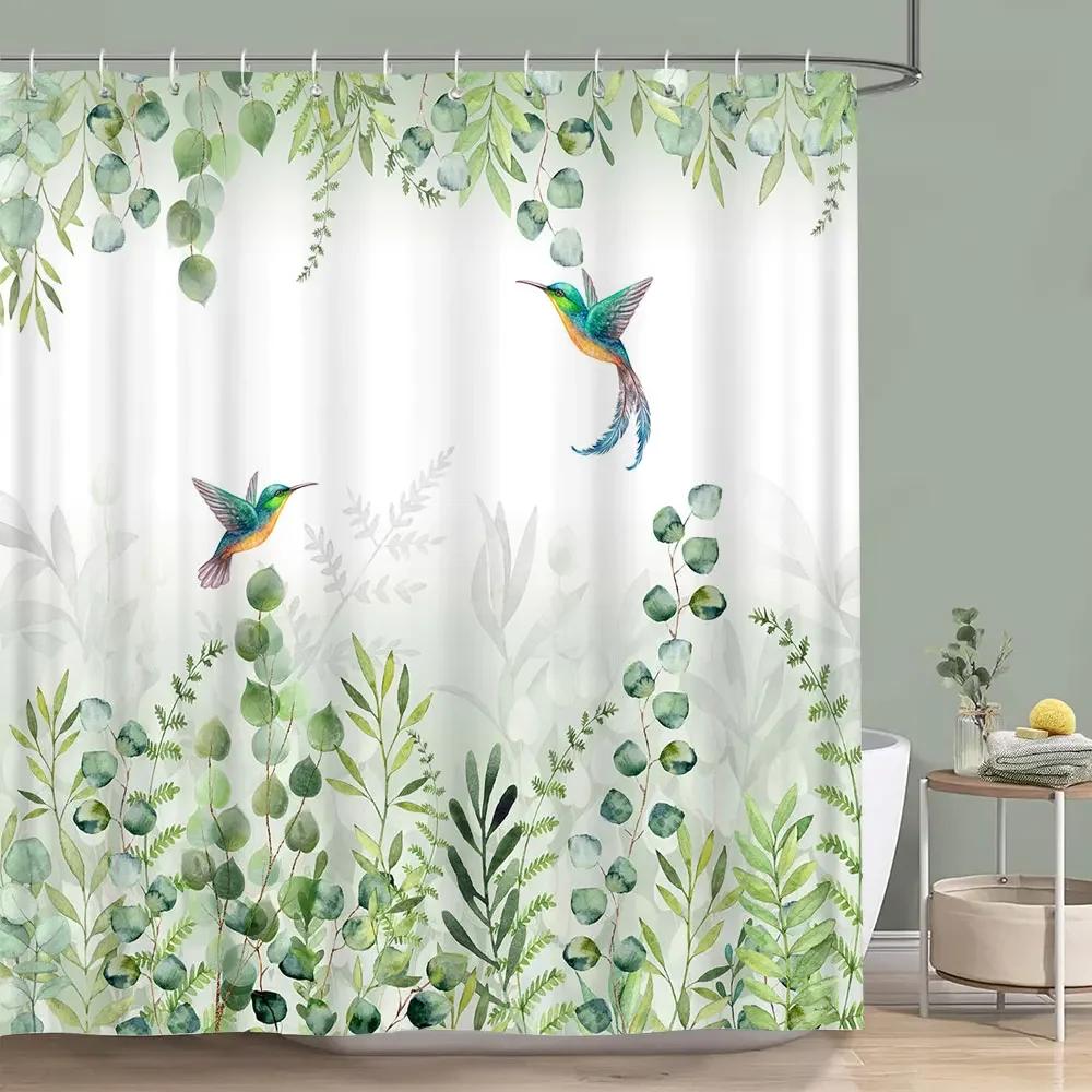 Sage Green Shower Curtain Plant Botanical Eucalyptus Leaf Watercolor Greenery Leaves Floral Bath Curtains Fabric Bathroom Decor