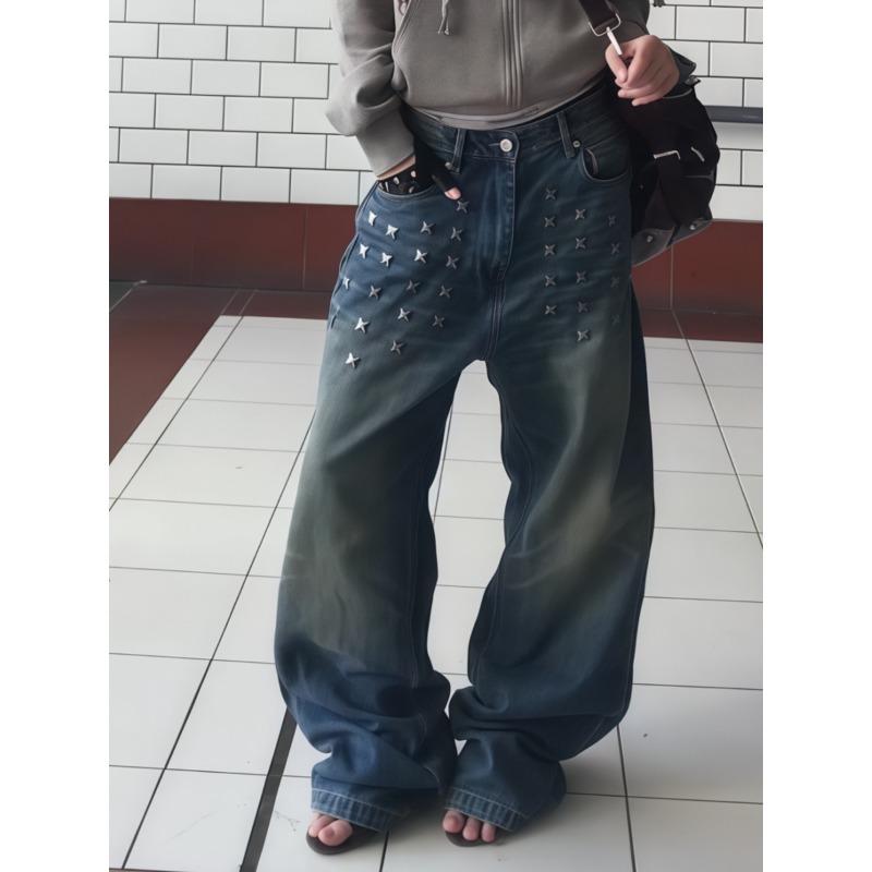 Personalized Street American Retro High-waist Washed Jeans Autumn Trend Rivet Design Wide-leg Trousers Trend