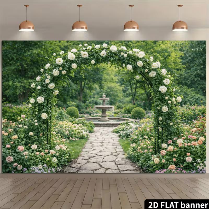 2D Enchanted Garden Backdrop, Stone Path & Blooming White Roses Photo Banner for Events 47.2x31.5inch/120*80cm