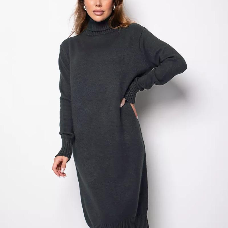 

Элегантное однотонное трикотажное платье для женщин, свободная водолазка с длинным рукавом, женский свитер, осень-зима, модный женский трикотаж XL темно-серого