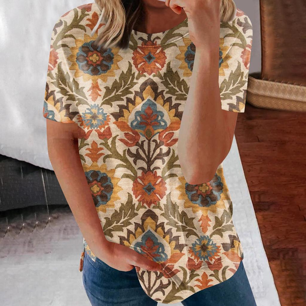 Women's Printed Short Sleeve Round Neck Retro Short Sleeve Summer Loose Tops Tops Women's Summer T-Shirts