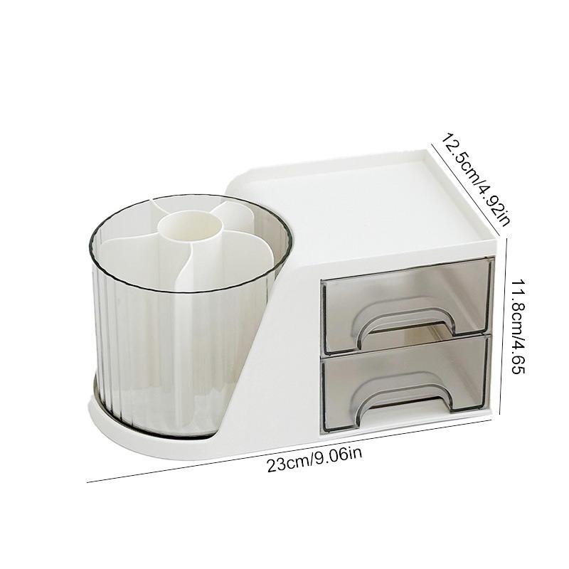 2-In-1 Rotating Pen Holder Rotating Desktop Organizer Storage Box With Drawer Plastic Pen Holder Cosmetic Storage Box