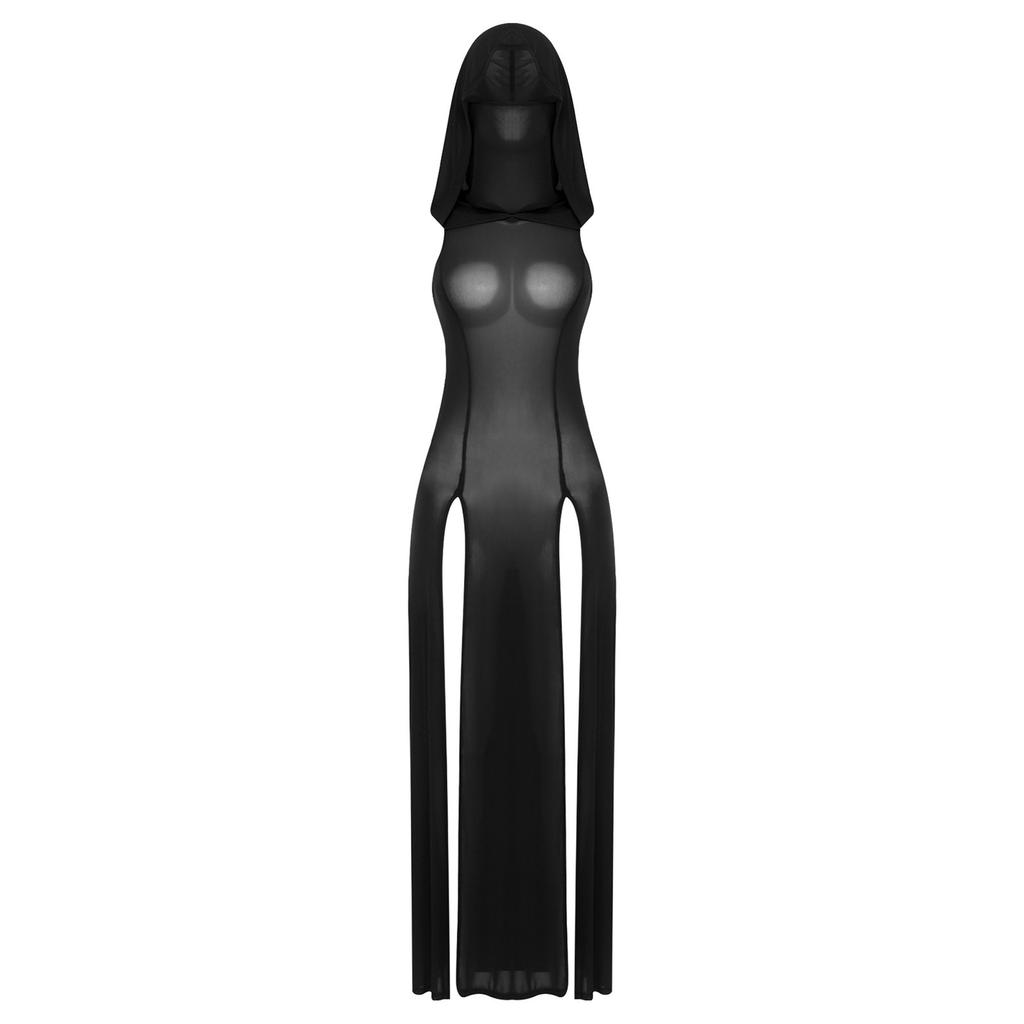 Women Sleeveless Gothic Hooded Dress High Split Sheer See-through Long Rave Night Club Outfit