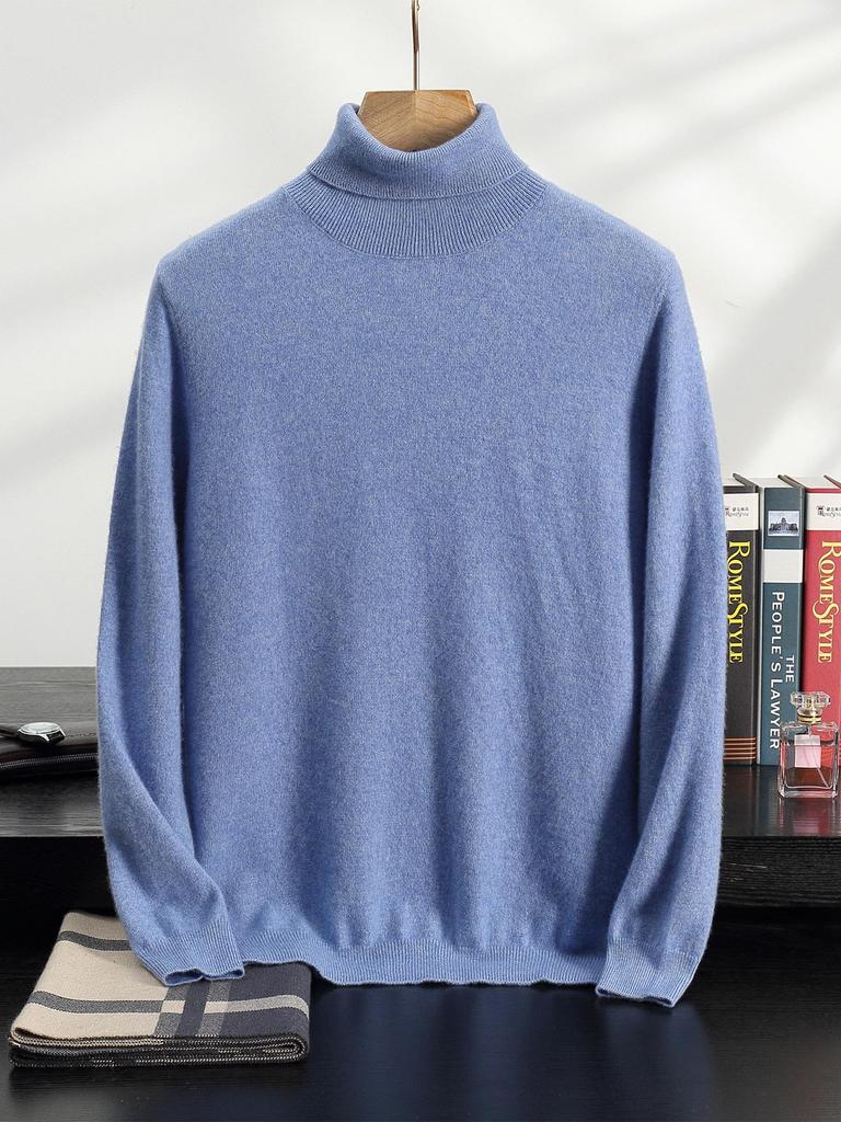 Men's High Neck Cashmere Sweater - Solid Color, Long Sleeve Knitwear for Casual and Business Wear