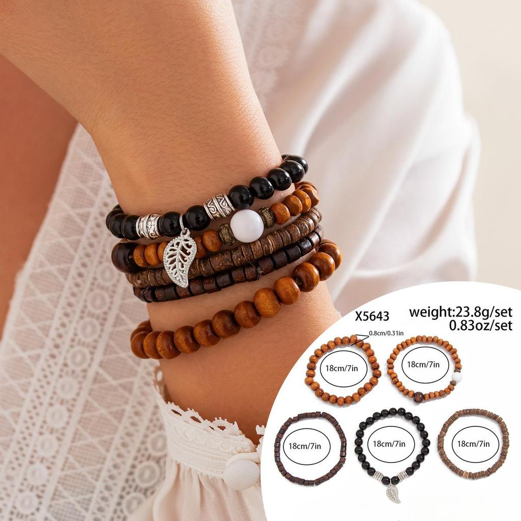 Women Beaded Bracelet Vintage Boho Style Handmade Leather Stretch Bracelet Fashion Vacation Men Accessories 5-piece Set