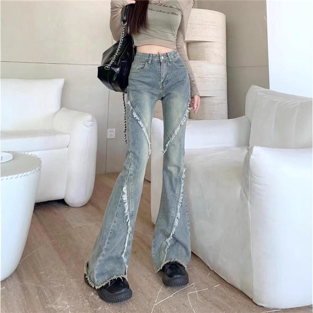 

Women s Frayed High-Waist Micro-Flare Jeans - Stretch Retro Slim Panelled Horseshoe Trousers M