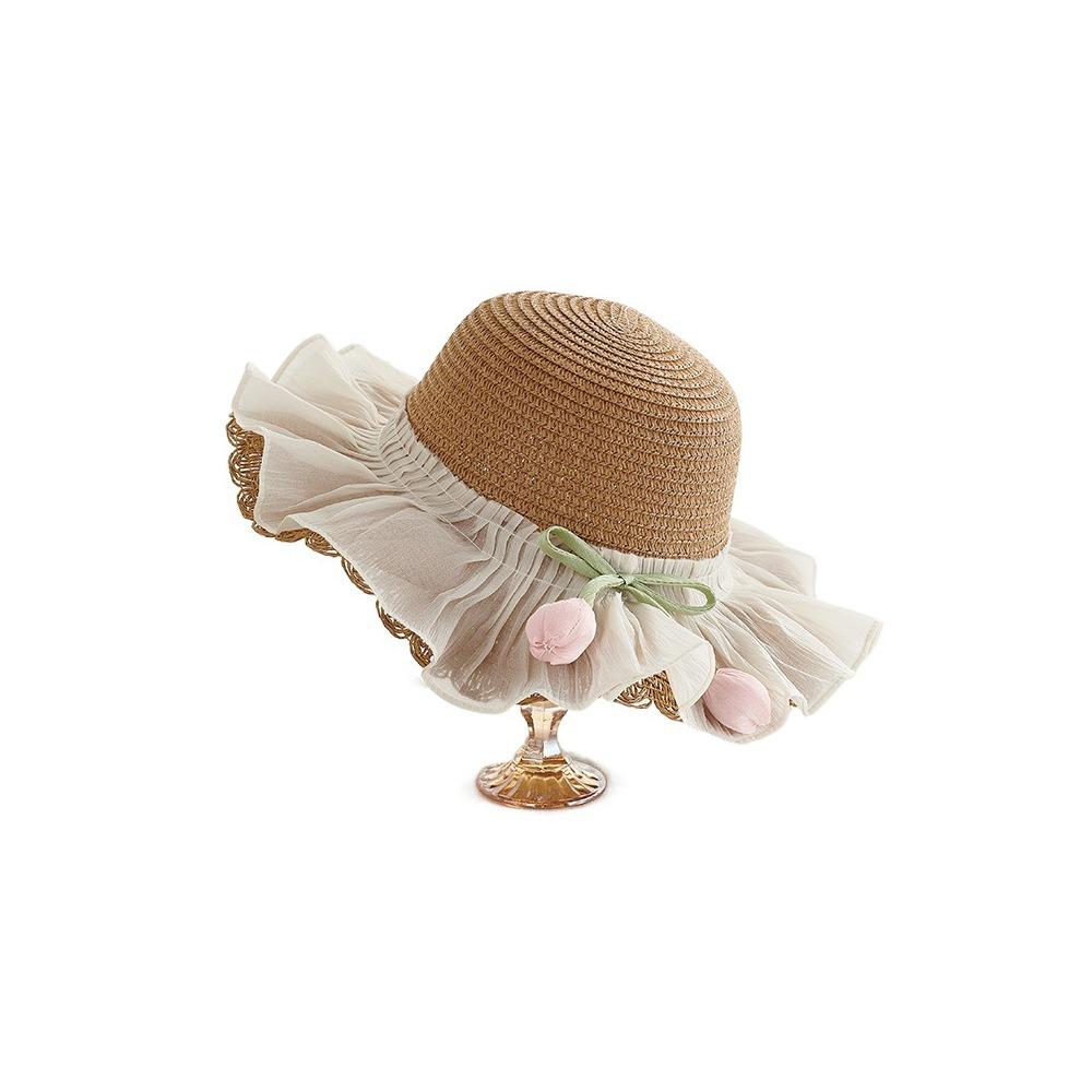 with Same Style Crossbody Bag Tulip Straw Sun Hat Korean Style Lace Brim Beach Cap  Baby