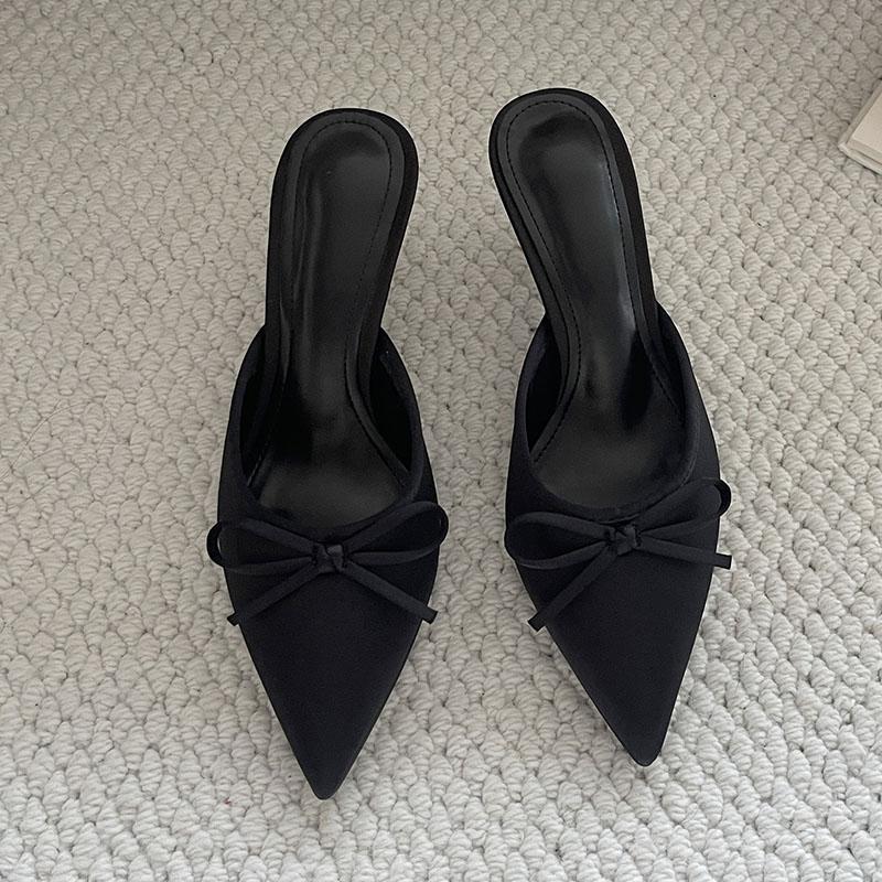 Fashion Big Size 43 Fashion Butterfly-Knot Ladies Heels Slippers Female Pointed Toe Slides Women Heeled Slippers Sandals Shoes Mules