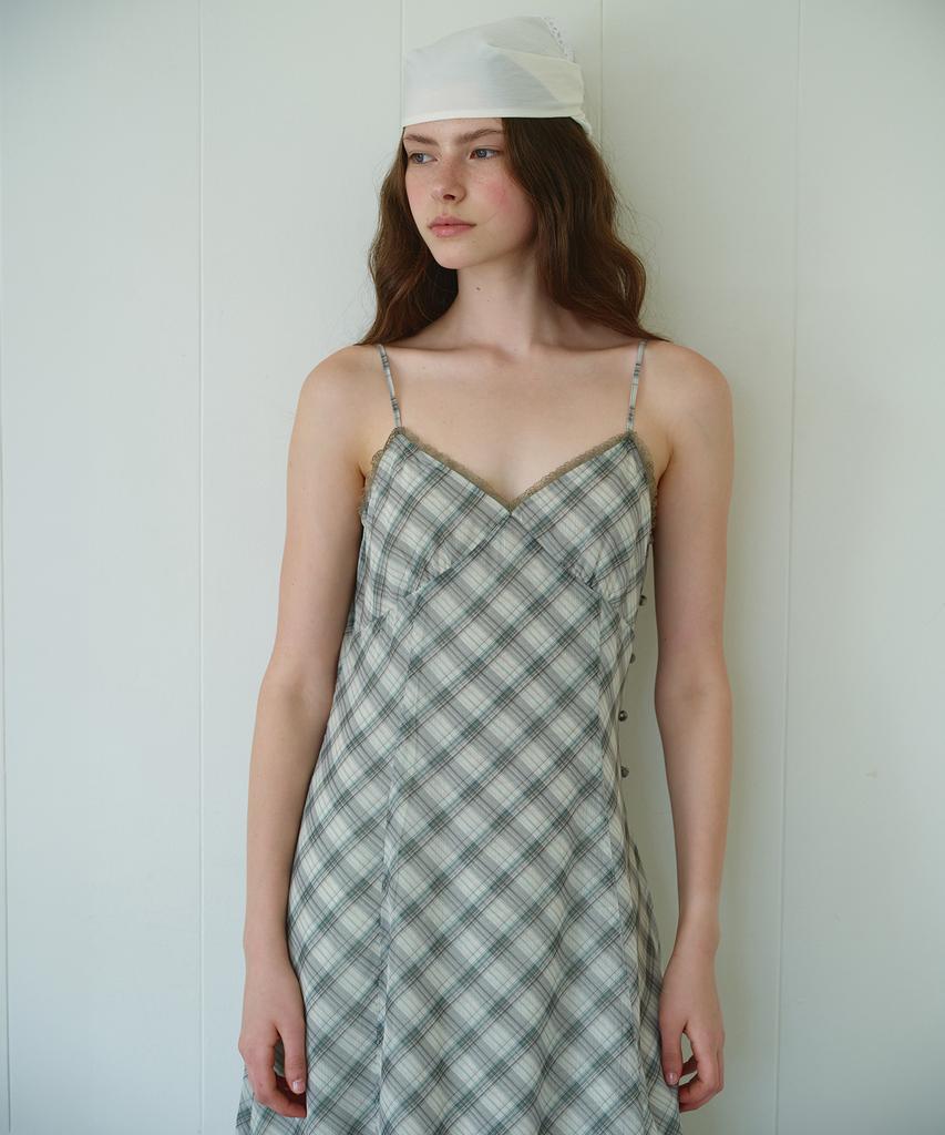 Lora Lora Check Sheer Slim Long One Piece Green