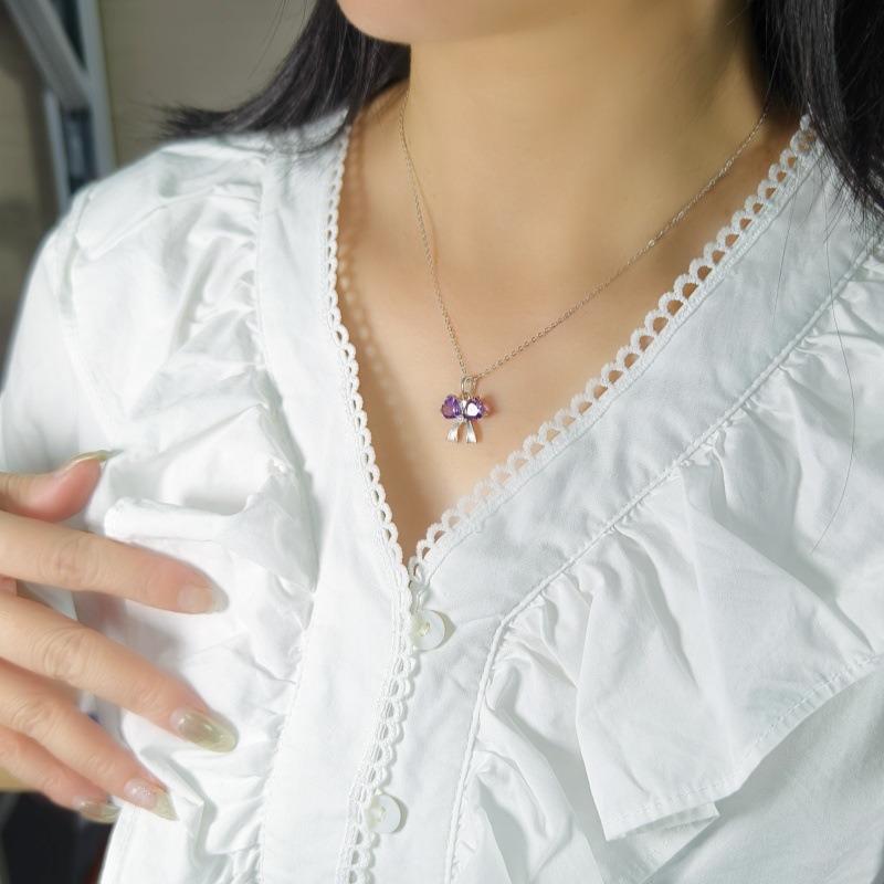 S925 Silver Bowknot Pendant Necklace with Natural Crystal, Love Heart Design