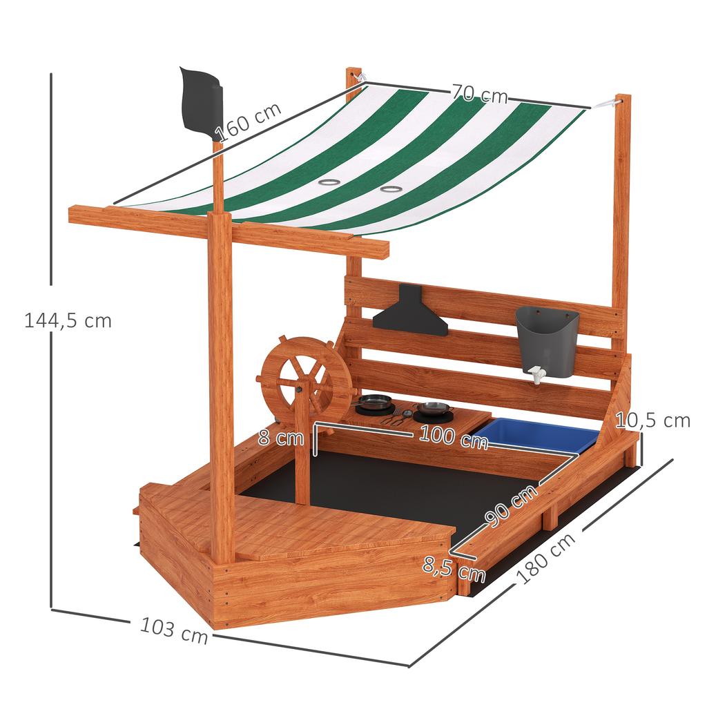 Sandbox with Sun Canopy, Pirate Ship, Incl. Children's Kitchen Play Set, Solid Wood, 180 X 103 X 144.5 Cm, Green
