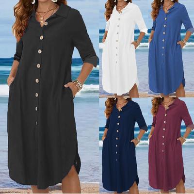 Vestido Camisa Casual Feminino Moda Cor Sólida Solto Manga Longa Bolso