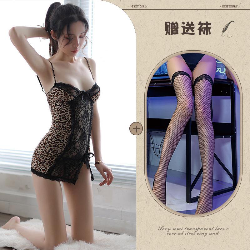 Night listening incense sexy pajamas sexy underwear women's hot leopard print suspender nightdress lace backless transparent one-piece skirt