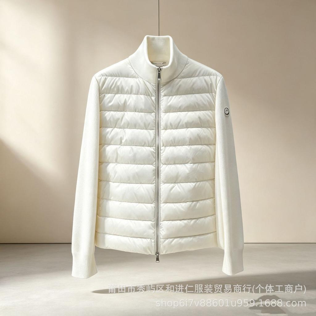 Light and thin knitted splicing ribs down jacket women's white goose down stand-up collar jacket trendy casual daily warmth