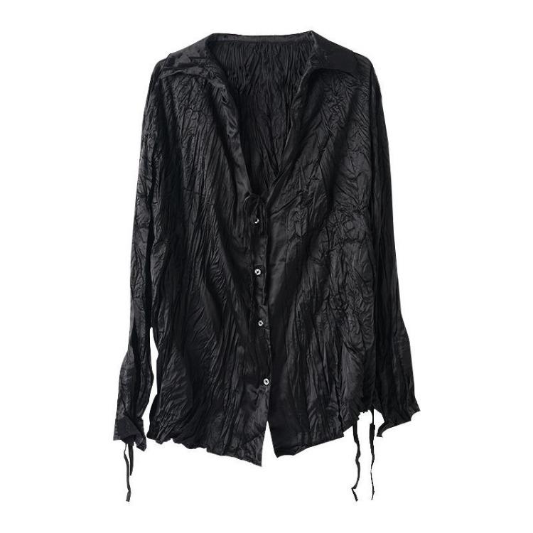 

Summer Fashion Women Tops Loose Black Long Sleeved Shirt Flared Sleeve Turn Down Collar Drawstring Pleated Design One Size чёрный