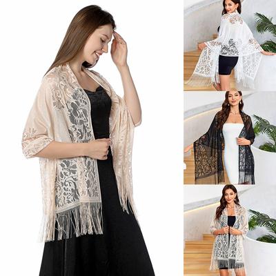 Womens Tassels Beach Sunscreen Shawl Summer Hollow Pattern Travel Solid Color Soft Lace Shawl Outdoor Fashion Accessories