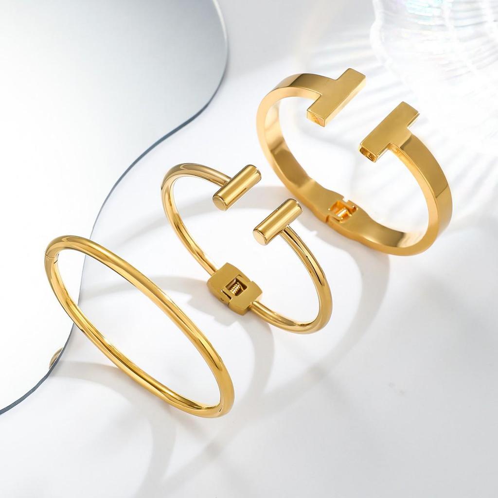 New H Fashion Stainless Steel Light Luxury Double T Open Spring Clasp Women's Bracelet