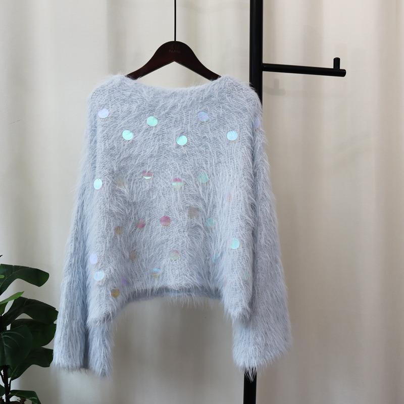 Autumn and winter new sequins sweet soft waxy imitation mink fleece sweater pullover round neck gentle knitted sweater top women
