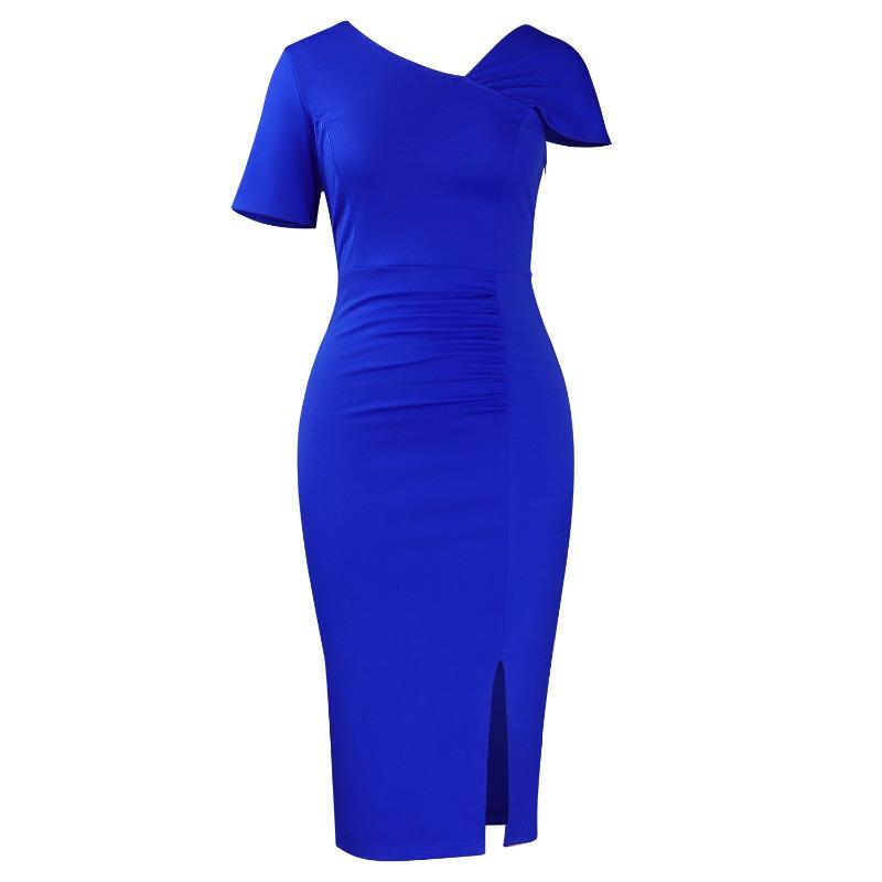 Women Fashion Elegant Solid High Waist Hip Wrap Short Sleeve Midi Dress