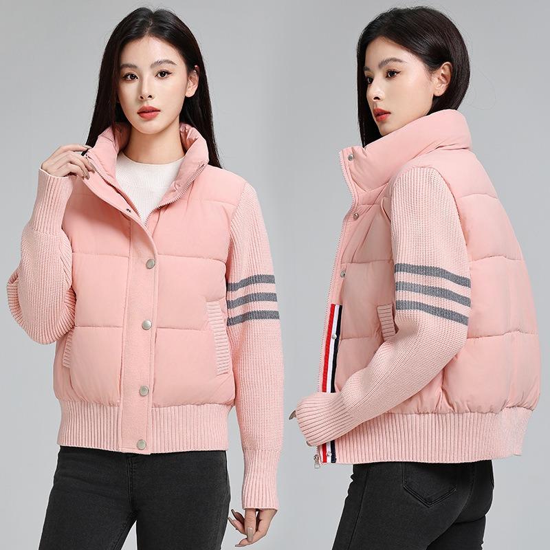 Cotton clothes women's short autumn and winter new stand-up collar loose splicing knitted loose casual jacket jacket cotton-padded clothes