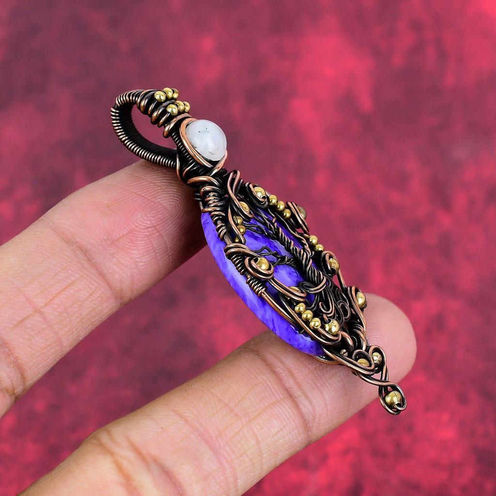 Tree of Life Charoite Pendant Copper Wire Wrapped Jewelry Rainbow Moonstone Gemstone Pendant Handmade Jewelry for Gifts Copper Wire Pendant