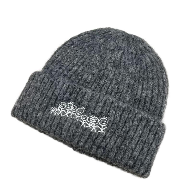 Stickman Embroidered Knit Beanie for Women, Autumn Winter Trendy Cold Hat, Slim Face, Versatile Warm Pile Wool Hat, Fits Big Head Circumference