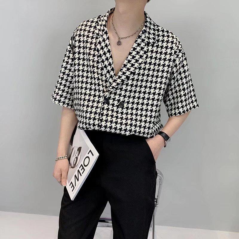 Camicia da uomo elegante con motivo pied de poule - Doppio bottone, retrò, casual e di alta qualità