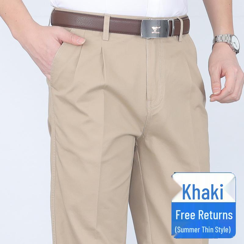 Men's Pure Cotton Double-Pleat Casual Pants - High Waist, Wide Leg, Non-Iron, Summer-Weight for Middle-Aged and Elderly.