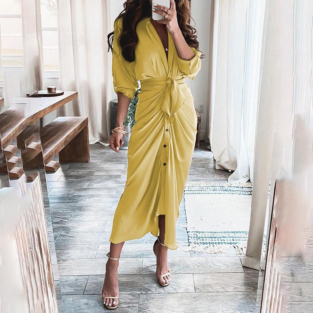 Modisches, lockeres Kleid mit V-Ausschnitt, Knopfleiste und Schnürung an den Hüften für Damen