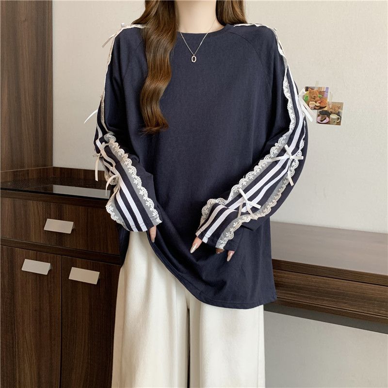 Casual O Neck Long Sleeve T-shirt Lace Patchwork Loose Bow Women Clothing Korea Mid-length Slim Tops