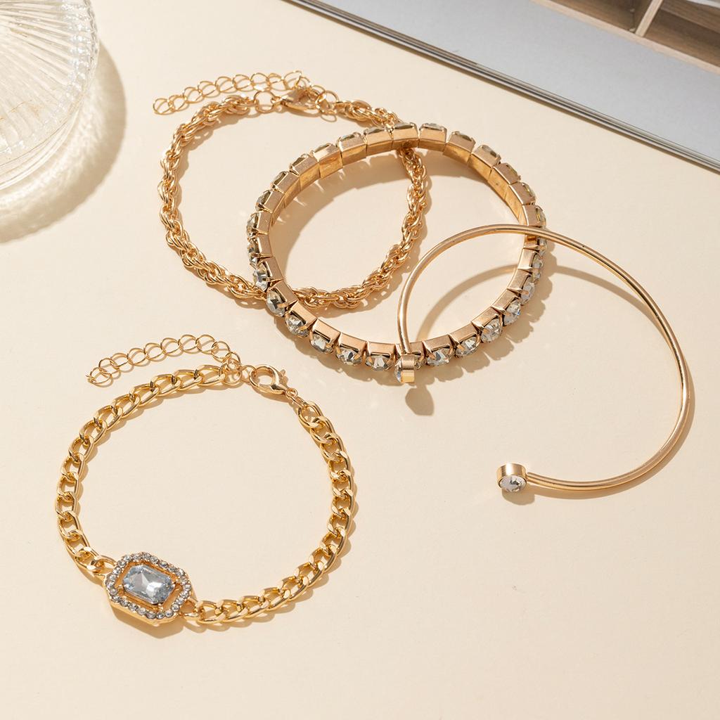 4 Stück/Set Strass-Dekor Gedrehter Armreif Mode Hohlkette Mehrlagig Hand Geometrie Einfacher Offener Armreif Für Frauen Geburtstagsgeschenk