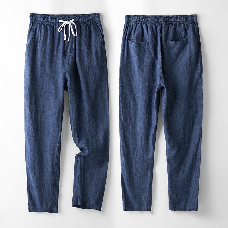 

Men s Retro Linen Drawstring Pants - Elastic Waist, Straight-Leg, Slim Fit, Breathable, Nine-Point Length, Trendy Design XL