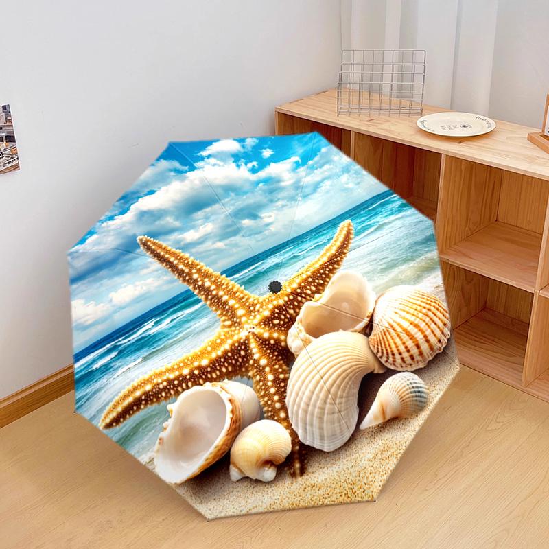 1 PC Automatic Folding Umbrella - Starfish Shells Pattern, Portable & Foldable Design with 8 Ribs, Christmas Birthday Gifts