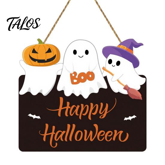 Spooky Theme Venue Decor Halloween Ghost Door Sign, Cute Ghosts Wooden Hanging Wreath, Rustic Happy Creative Party Backdrop Welcome Sign for Home Wall