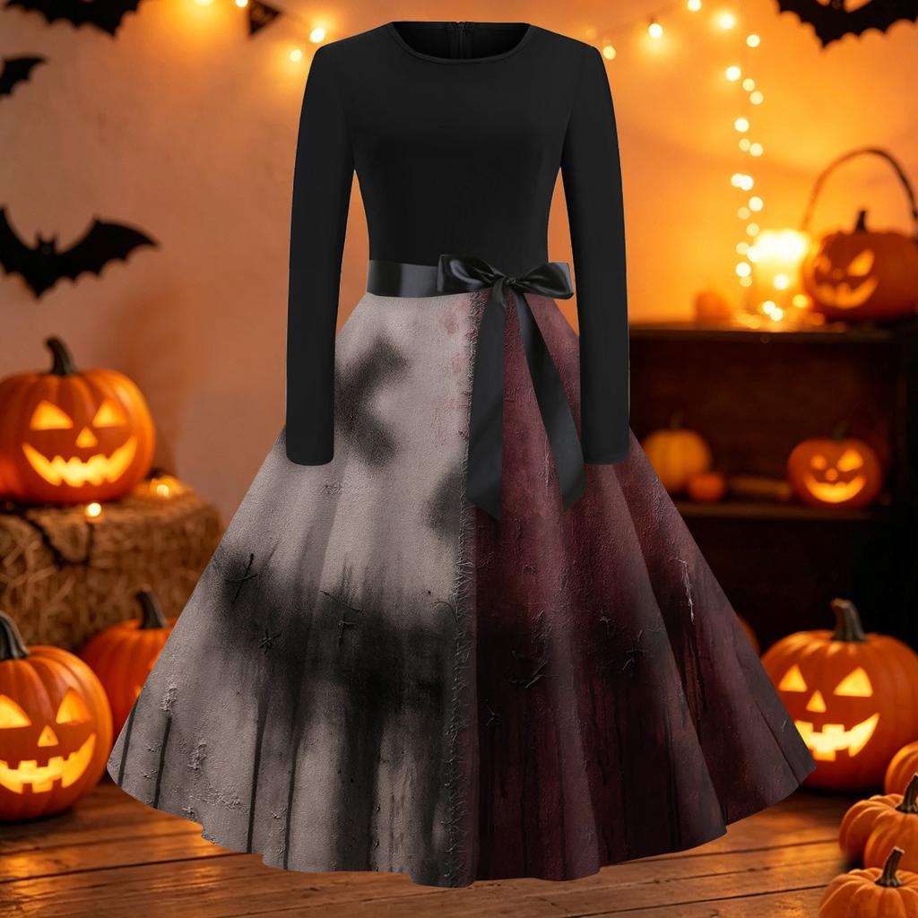 Women's Vintage Halloween Print Round Neck Casual Dress for Everyday Wear