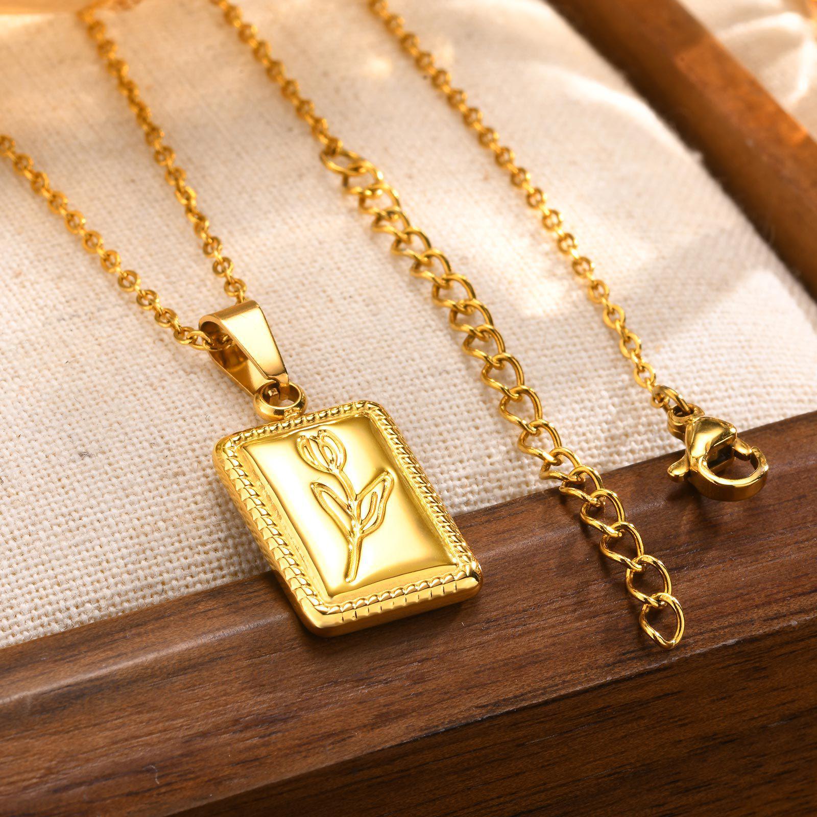 Women s Gold Floral Embossed Tulip Square Pendant Necklace - Durable Titanium Steel