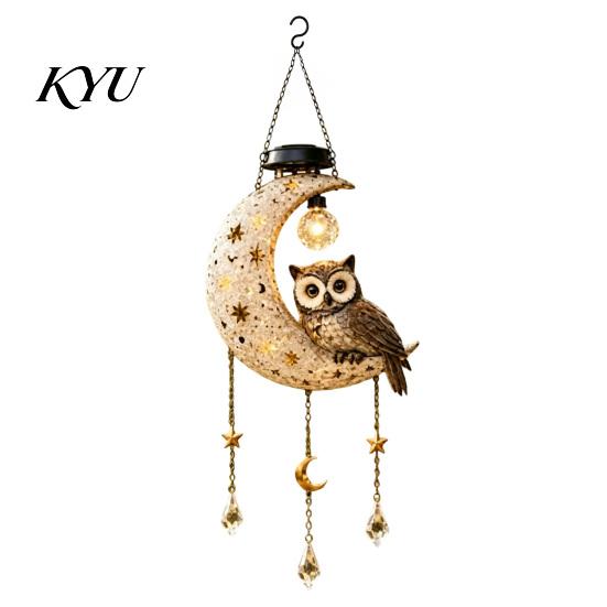Crescent Moon Owl Solar Lanterns Owl/Cat Hanging Light, Outdoor Garden Wind Chime with LED Warm Atmosphere Lamps Waterproof Resin Decorative